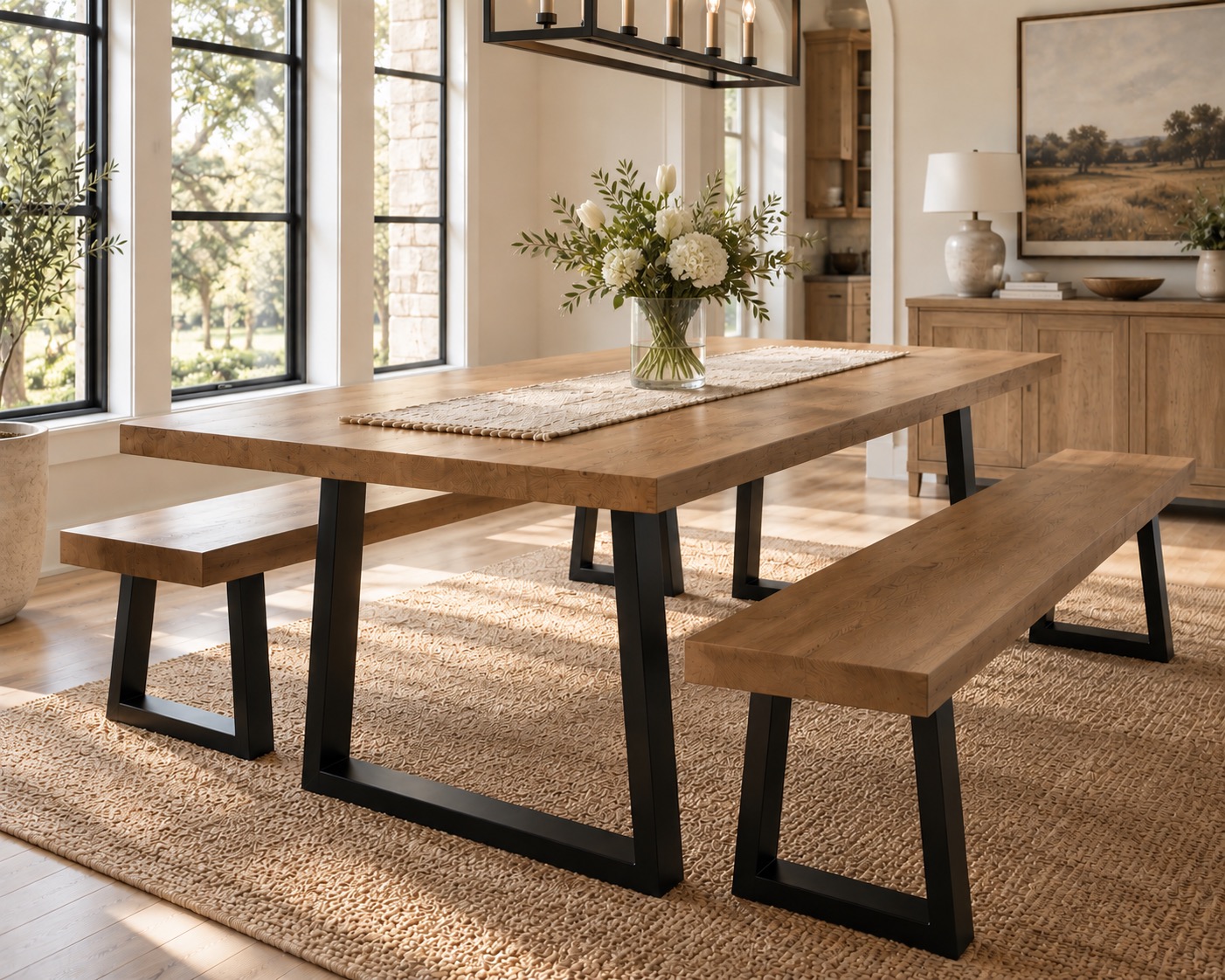 The natural grain and solid-wood construction of a dining table